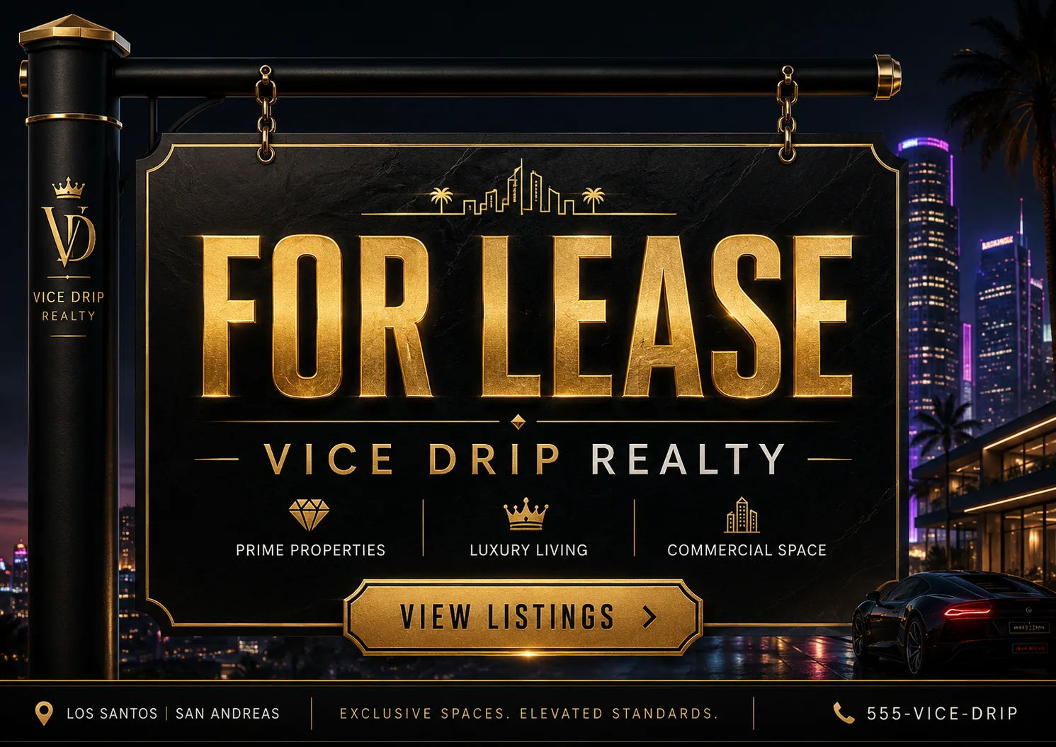Vice Drip Realty FOR LEASE street sign in gold against the night skyline