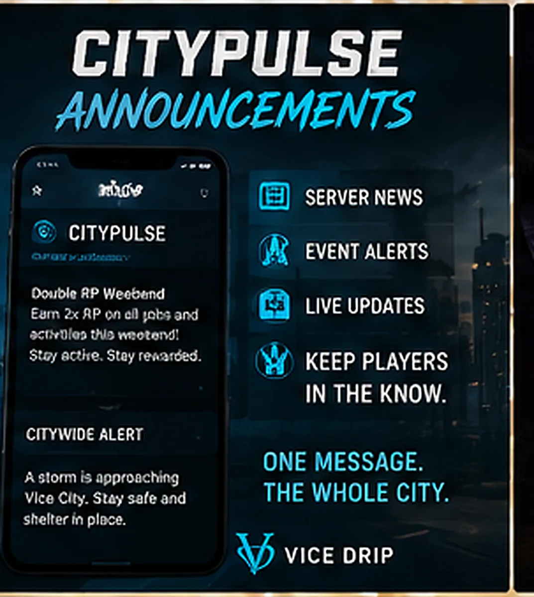 CityPulse Announcements poster — a phone showing a citywide storm alert over a night skyline, cyan on black