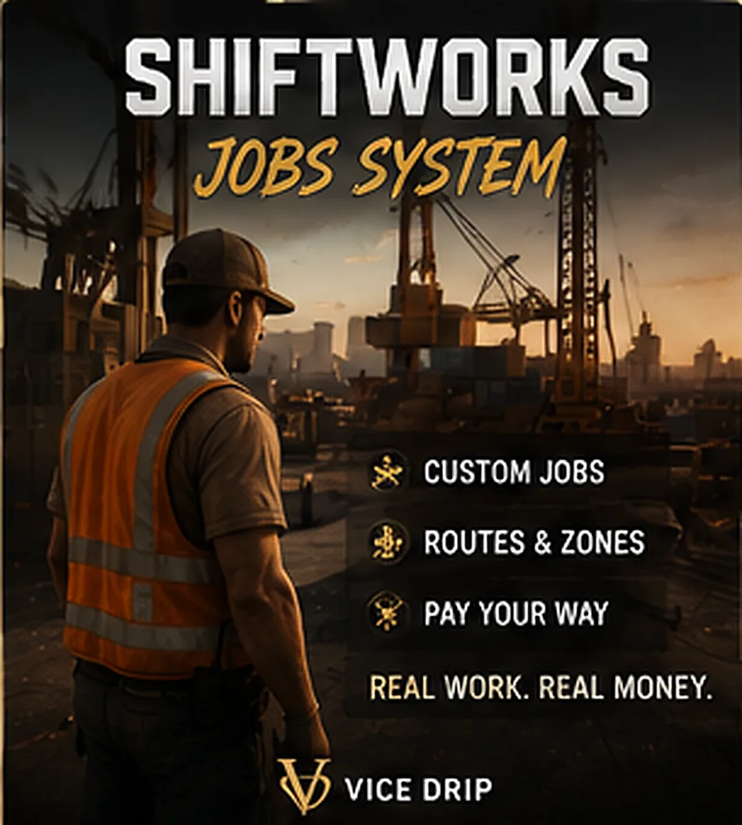 ShiftWorks Jobs System poster — a worker in a safety vest facing a construction yard at golden hour