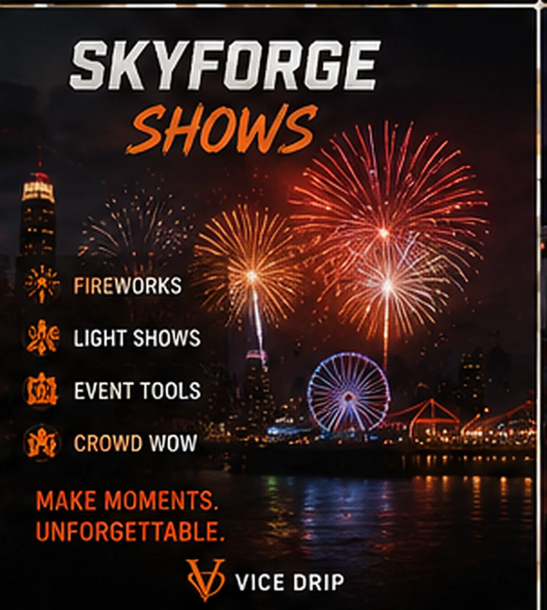 SkyForge Shows poster — fireworks bursting over a ferris wheel and waterfront skyline
